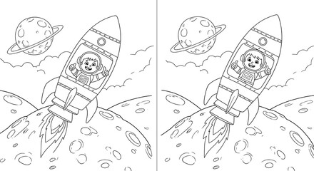 Obraz premium Astronaut Boy Riding Rocket on Space Adventure Outlines