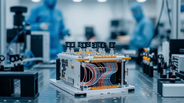Precision optical fibers and beam splitters integrated in a satellites quantum keydistribution payload showcased within a clean bench workspace.