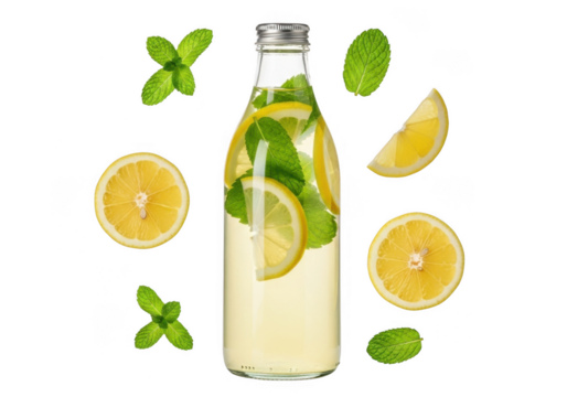 Refreshing lemonade drink in a glass bottle with mint and citrus slices isolated on transparent background