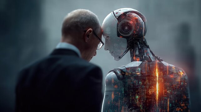 A futuristic humanoid AI agent robot and a human working as a team using agentic AGI technology and ASI superintelligence for autonomy during the future singularity