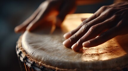 Male hands drumming on traditional african drum surface in warm light