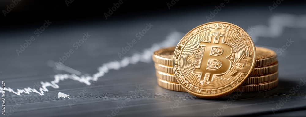 Aufkleber bitcoin coins stacked on a surface with a fluctuating financial graph visible in the background duri
