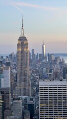 new york city skyline sky view sunset evening buildings skyscrapers empire state one world central...