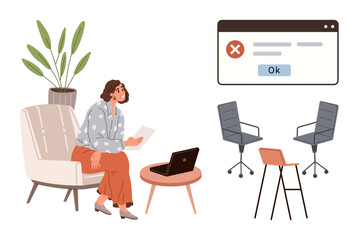 Fototapeta premium Woman seated near a laptop reviewing documents, error message on a screen, modern chairs, and a potted plant. Ideal for technology, problem-solving, remote work, teamwork, design feedback simple