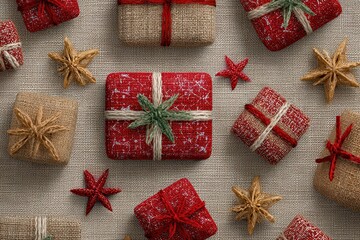 Colorful Christmas gift wrap designs with decorative stars and festive accents on a textured background creating a joyful holiday atmosphere