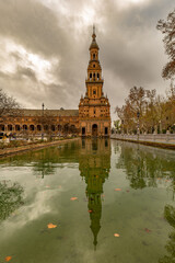Long Pond With a Tower at the end at the Plaza de Espana  in Seville