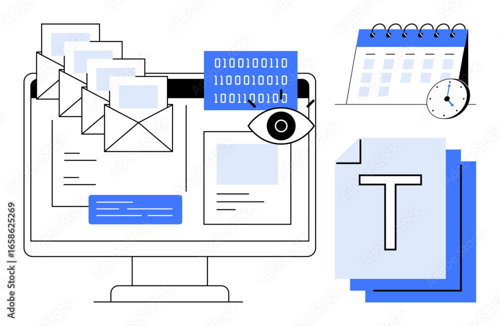 Poster digital communication featuring emails on a monitor, calendar with clock, data encryption, and docum