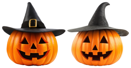 PNG Halloween pumpkins with witch hats, element set on transparent background