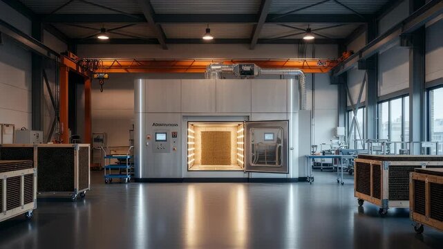Spacious industrial room housing a large honeycomb sandwichpanel expansion oven used for batch processing of heatsensitive materials.