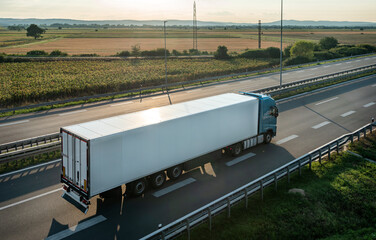 Transportation truck with semi-trailer driving along highway on the sunset background. Services and...
