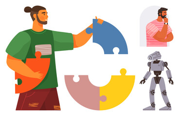 Man assembling colorful jigsaw pieces, symbolizing problem-solving. Nearby robot hints at technology, while pondering person represents decision-making. Ideal for problem-solving, teamwork