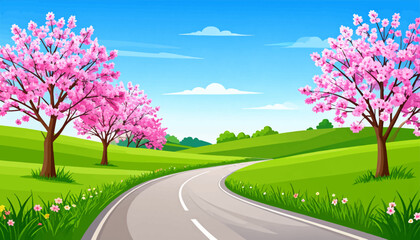 Fototapeta premium Spring blossoms along a scenic road. Scenic drive through a floral landscape. Colorful spring road with blossom trees. Pink blossoms lining the country road. Beautiful road with pink cherry blossoms