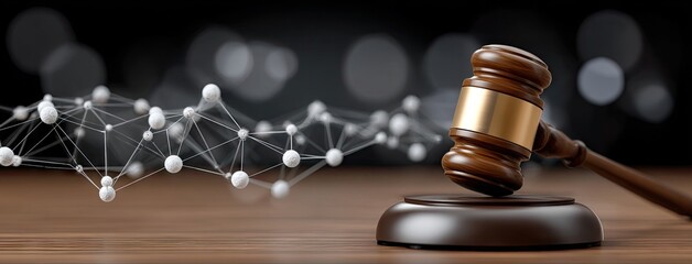 Wooden gavel rests on a table with abstract hexagonal shapes and a blurred background in a law-related setting during the evening