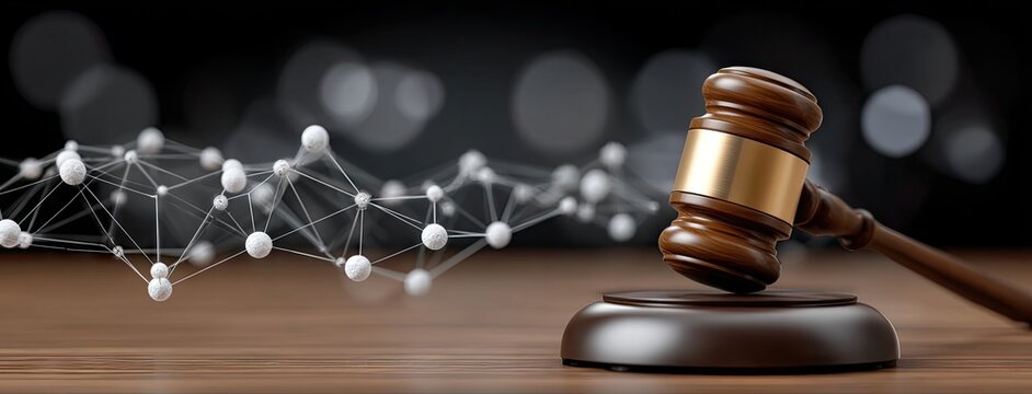 Wooden gavel rests on a table with abstract hexagonal shapes and a blurred background in a law-related setting during the evening