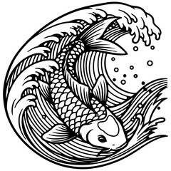 A Beautiful fish swimming vector illustration, side view, isolated on a white background, simple black and white sketch, icon, minimalism, no people, close-up, concept, nature, art	