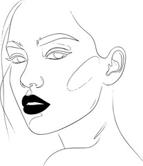 Fashion minimalist portrait in continuous line style showing a woman’s face with bold lips and strong eyebrows