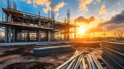 Fototapeta premium Construction site at sunset showcasing steel beams and framework with a vibrant sky and machinery