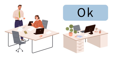 Fototapeta premium Professional team discussing work at desk separate styled desk workspace with plant decor, monitors, and files. Ideal for teamwork, office culture, productivity, workplace harmony, organization