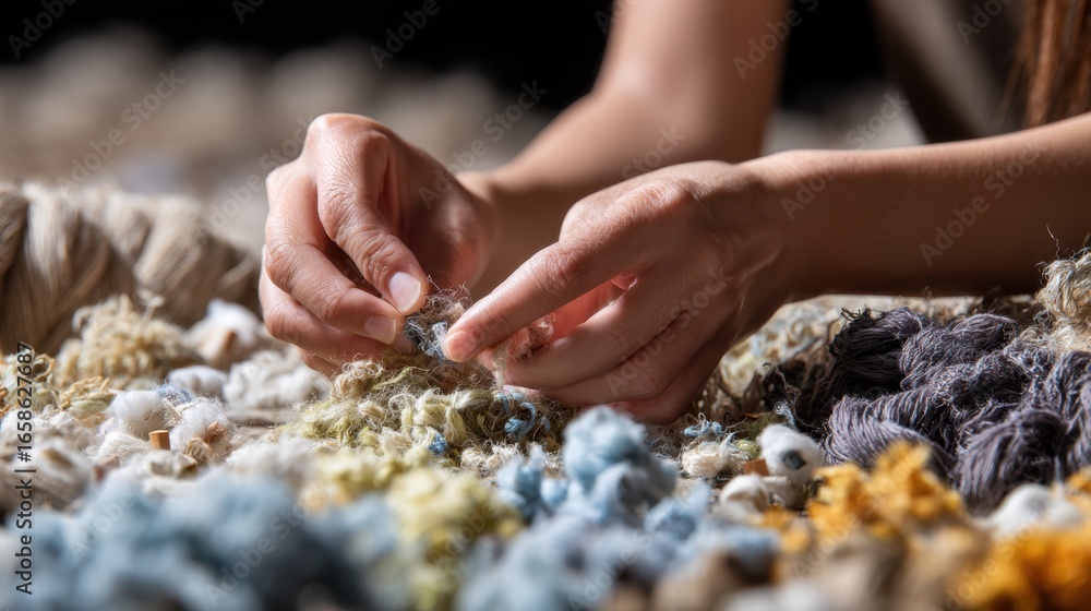 Poster medium shot of hands sorting natural fiber textiles with rfid tags set against a softfocus backgroun