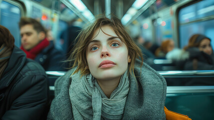 Atmospheric portrait of young woman in cozy gray hoodie on public transport with beautiful natural lighting and urban backdrop