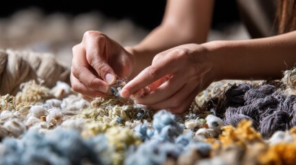 Medium shot of hands sorting natural fiber textiles with RFID tags set against a softfocus background of mixed fibers emphasizing ecologically responsible fabric processing.