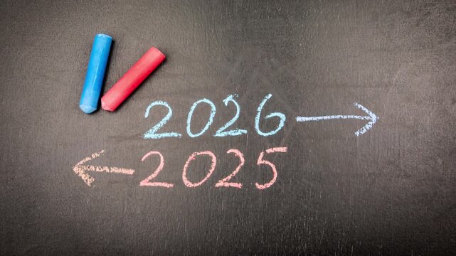 Chalk animation illustrating the transition between year 2025 and 2026 with arrows drawn on a blackboard
