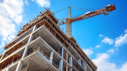Construction site with a towering crane against a blue sky, showcasing building progress and activity