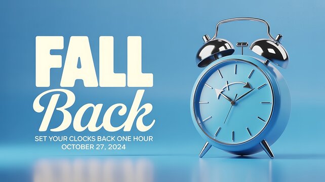 Photo of fall back reminder with vintage alarm clock and text on blue background