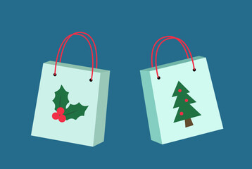 Set of winter Christmas shopping paper bag flat vector stock  illustration.
Holidays gift bag elements .