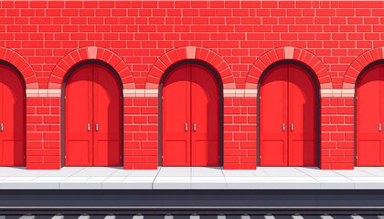 Red brick station platform with arched doors