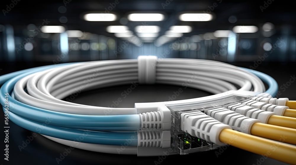 Poster high-tech network cables coiled on a sleek surface, illuminated by soft lights in a modern data cent
