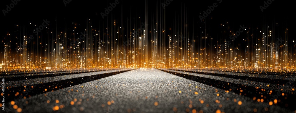 Poster visual representation of a shimmering pathway illuminated by bright particles in a dark space with a