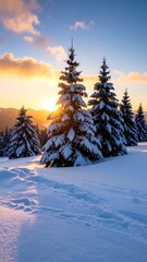 Winter sunset landscape with snow-covered trees