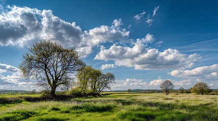 Obraz premium Vast Open Meadow Under a Bright Blue Sky Filled with Fluffy White Clouds