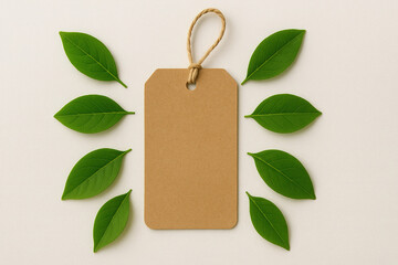 Mockup of a blank kraft paper tag surrounded by fresh green leaves on a light background. Minimalistic eco-style design ideal for branding, packaging, labels, and product presentations.