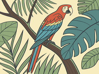 Colorful Parrot Perched on Branch Wildlife Illustration Design for Creative Projects