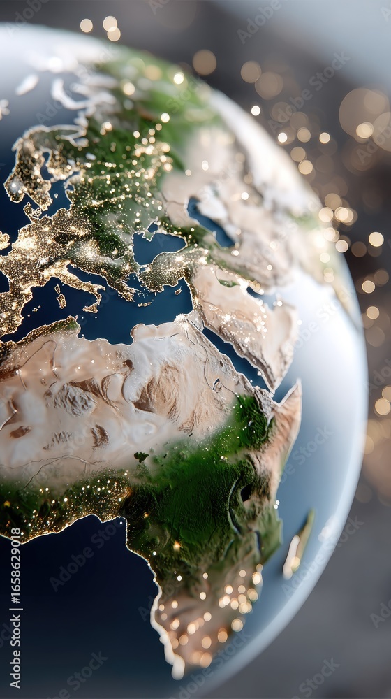 Poster digital globe representation showcasing earth's continents and oceans with a network overlay and cit