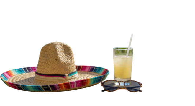 High-quality traditional Mexican sombrero with a vibrant striped band, tropical drink, and elegant sunglasses on a neutral sun lounger by a sparkling luxury resort pool, tranquil vacation concept