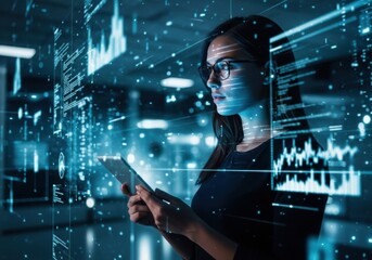 Woman interacting with futuristic digital data displays