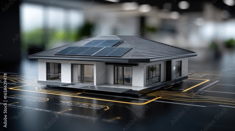 Poster modern house design featuring solar panels with a digital blueprint background showcasing sustainabl