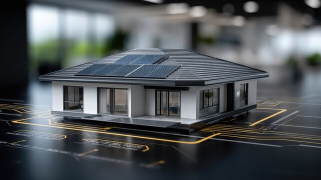 Modern house design featuring solar panels with a digital blueprint background showcasing sustainable architecture concepts