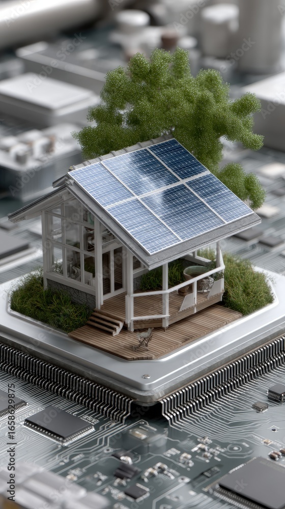 Poster model of a modern house with solar panels placed on a computer chip background showcasing renewable 