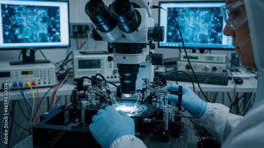 Poster lab technician adjusting micromanipulators on a photonic integrated circuit waferprobing station wit
