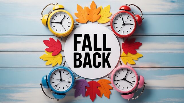 Photo of fall back time change with colorful alarm clocks and autumn leaves arranged in a circle on a blue wooden background