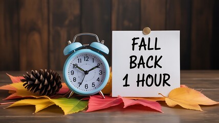 Photo of fall back one hour reminder with a vintage alarm clock and autumn leaves, symbolizing the end of daylight saving time