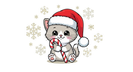Adorable Christmas Cat VECTOR Illustration Cute Kitten with Candy Cane