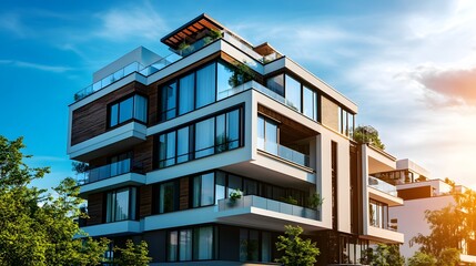 Obraz premium Modern architectural building with glass facades surrounded by greenery under a bright sky