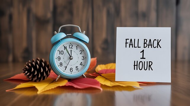 Photo of fall back one hour reminder with a vintage alarm clock and autumn leaves, symbolizing the end of daylight saving time