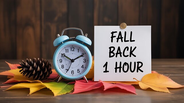 Photo of fall back one hour reminder with a vintage alarm clock and autumn leaves, symbolizing the end of daylight saving time