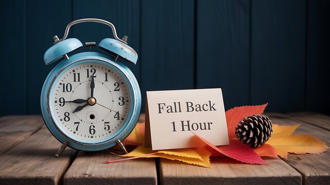 Photo of fall back one hour reminder with a vintage alarm clock and autumn leaves, symbolizing the end of daylight saving time